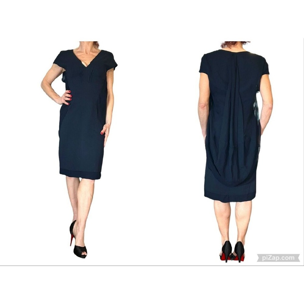 MORGANE LE FAY WOMEN'S NAVY SILK CAP SLEEVE DRESS V NECK LAYERED CHIFFON M